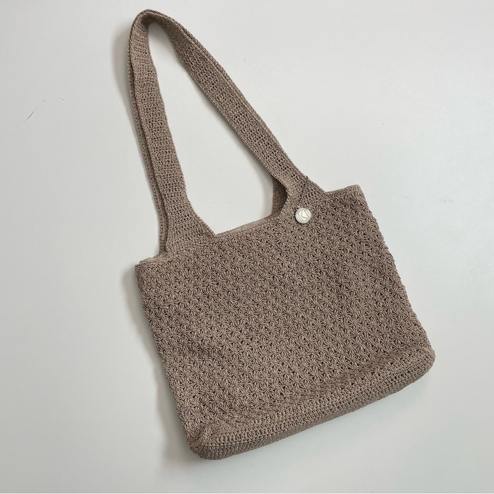 Vintage Kathy Ireland Purse Crocheted Sack Bag Tote Boho Neutral Taupe Y2K